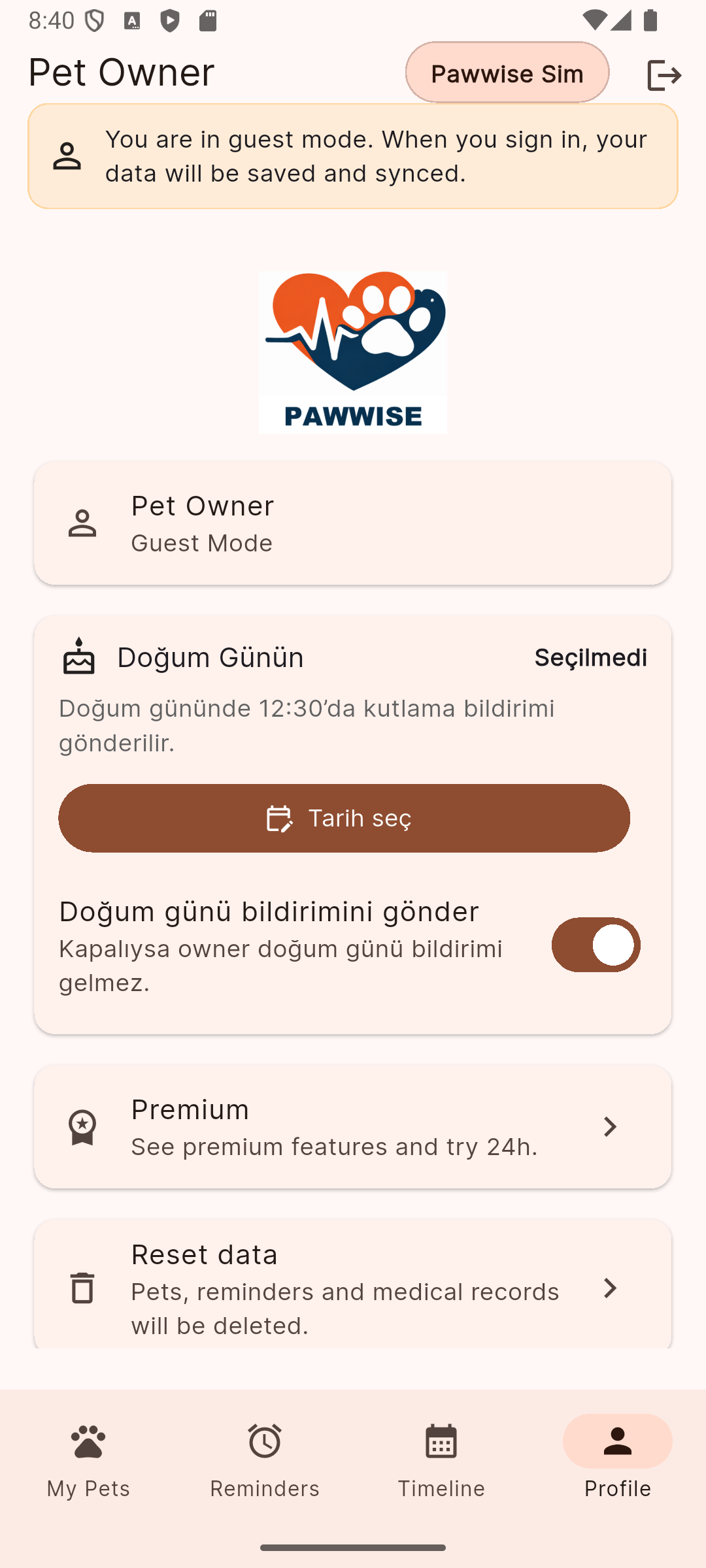 PawWise emülatör ekran görüntüsü